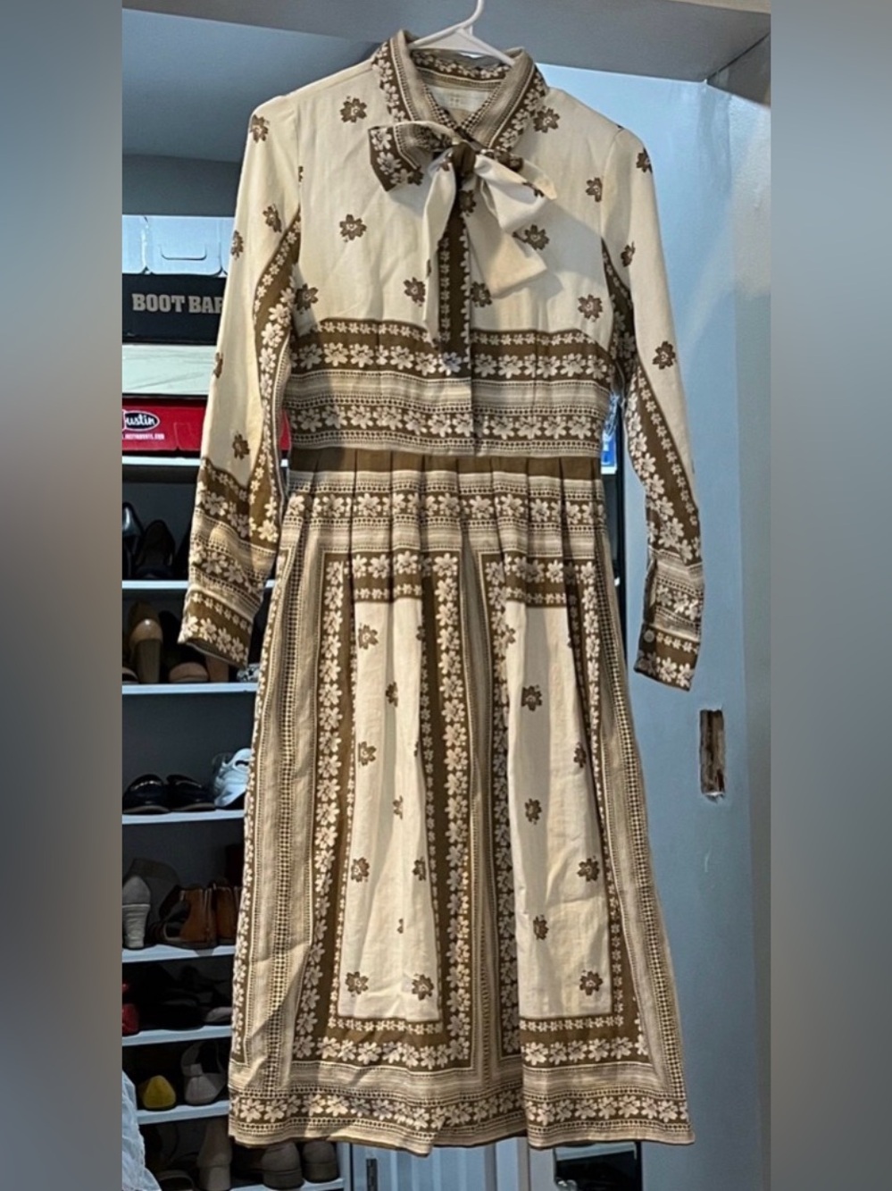 Dainty Jewells Cream and Brown Long Sleeve Tie-Neck Midi Dress